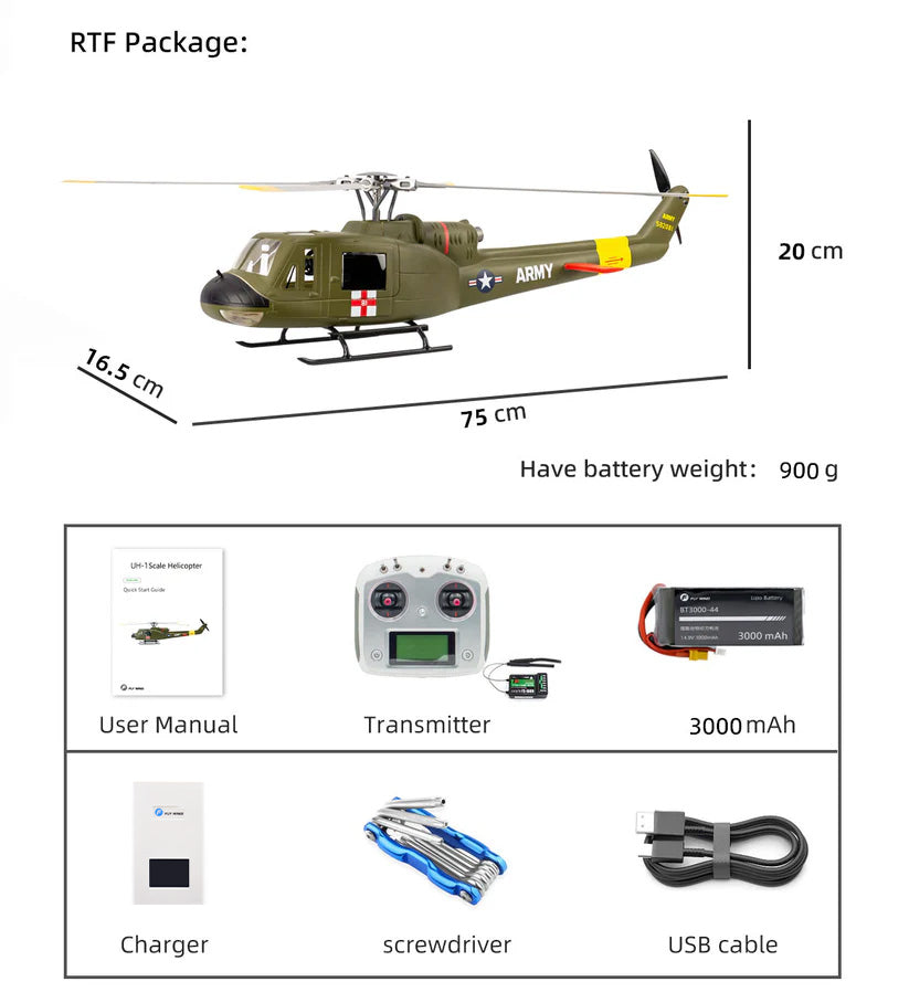 Flywing UH-1 Huey  ACE  4 Blades GPS Stabilized 6CH RC Scale helicopter 470L size