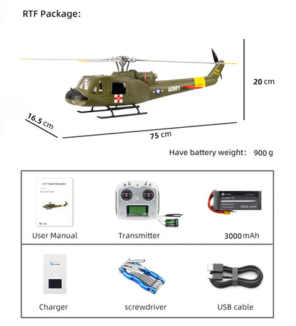Flywing UH-1 Huey  ACE  4 Blades GPS Stabilized 6CH RC Scale helicopter 470L size